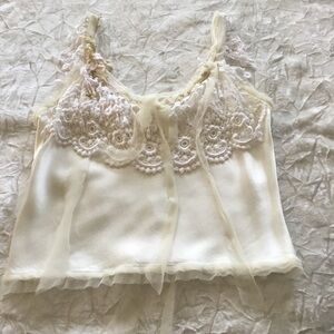 VTG Bias Cut Satin Lace Camisole Top Ribbon Floral EC Design Romantic Ivory